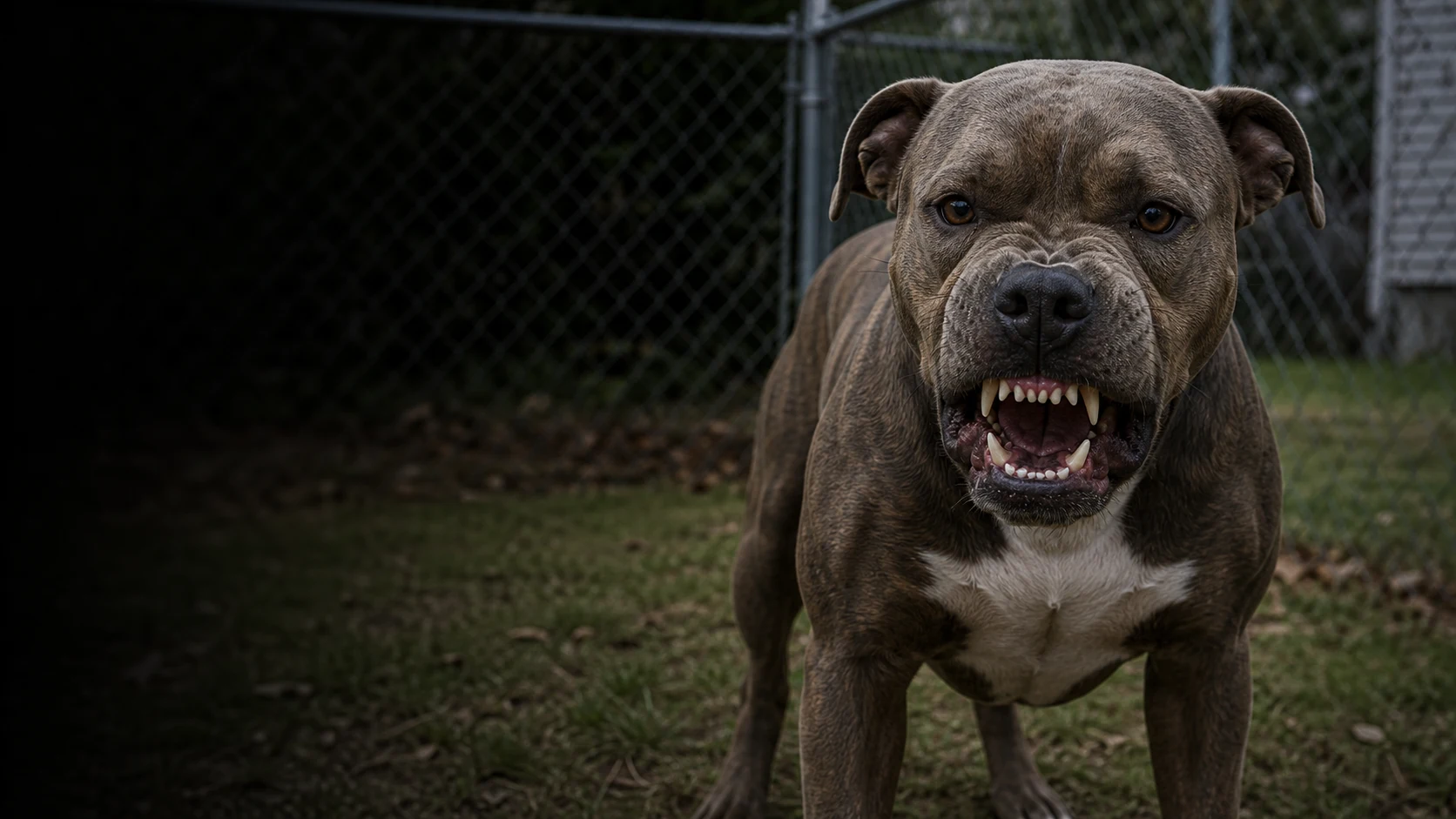 Snarling pit bull-type dog behind a residential fence